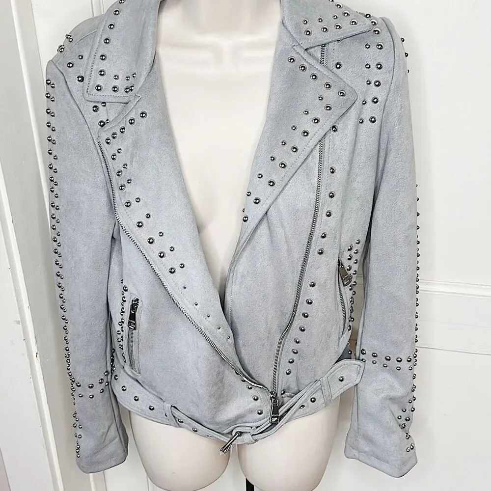 Vigoss Studded Faux Suede Moto Jacket Gray Size XSmall